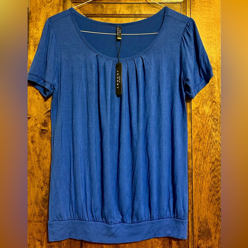 Johnny Was Style Royal Blue Pleated Scoop Short Sleeve Top NWT